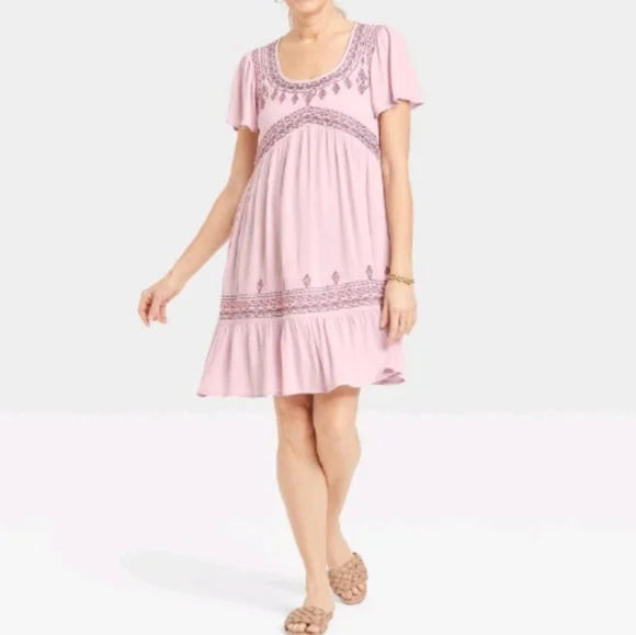 Knox Rose Woman's Flutter Short Sleeve Embroidered A-line Dress - Picture 1 of 14